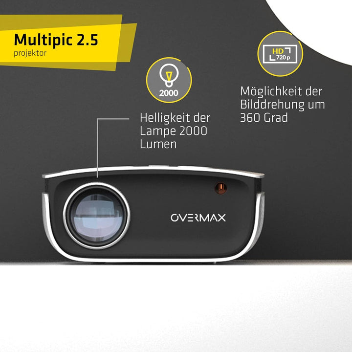 Overmax Multipic Full HD Beamer, LED Projektor, Bildgrösse von 35 bis 120 Zoll, Fernbedienung, Heimk