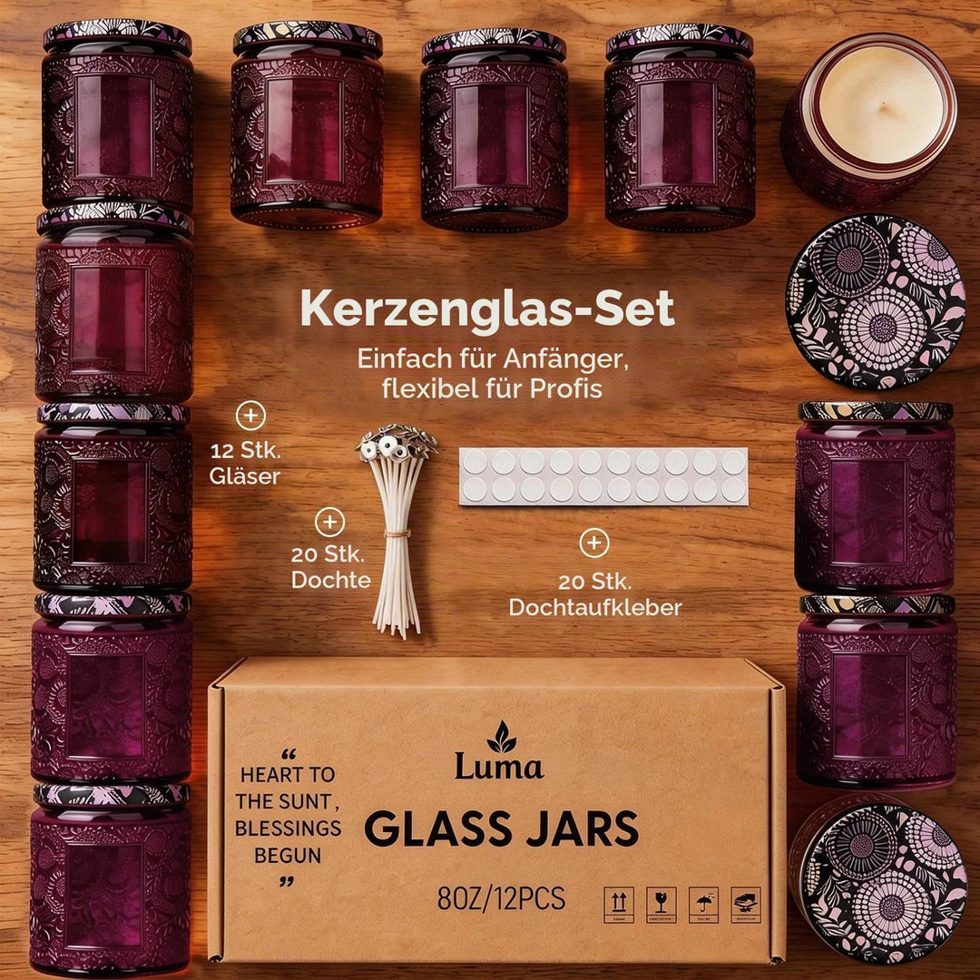 LumaCraft Candle Luxus Relief Kerzengläser zum Kerzen giessen- 12er Pack Leere Glasgefässe mit Luftd