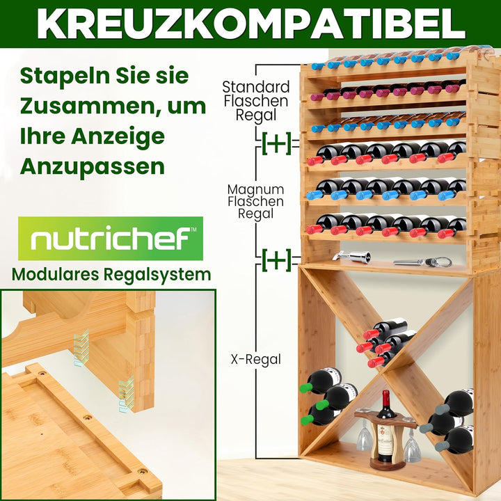 NutriChef Stapelbares Bambus-Weinregal, 8-stöckig, 72 Flaschen Kapazität, Freistehendes Regal, Werkz