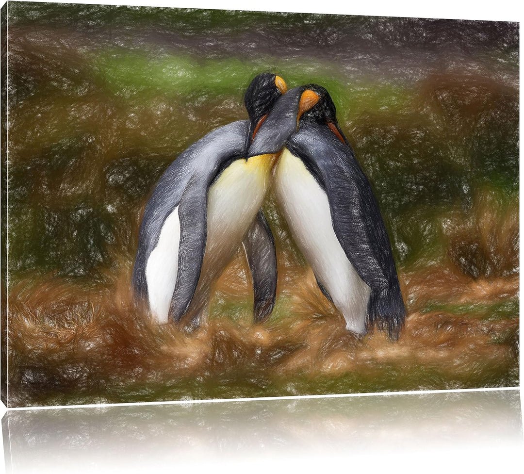 Umarmende Pinguine in der Antarktis Kunst Buntstift Effekt, Format: 100x70 auf Leinwand, XXL riesige