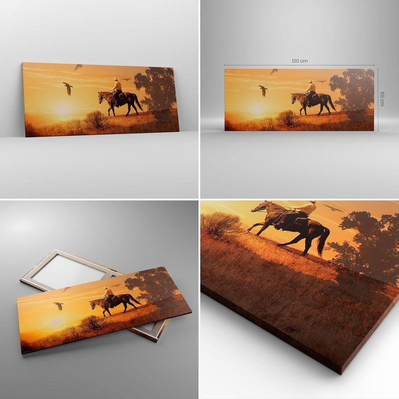 Wandbilder Dekoration Wohnzimmer Pferd Cowboy Bauernhof Reiten Panorama Bilder auf Leinwand 120x50cm