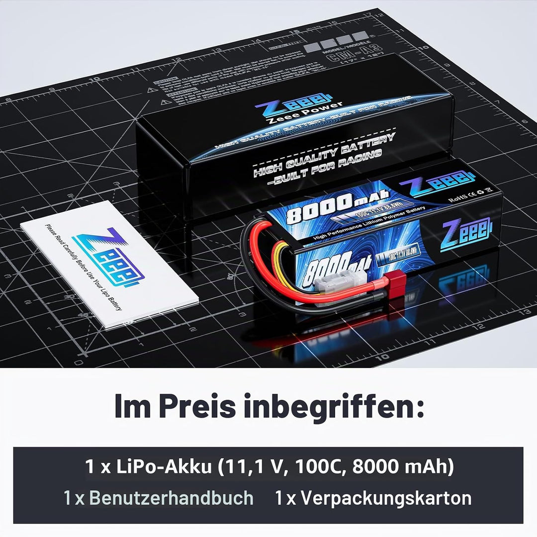 Zeee 3S Lipo Akku 11,1V 8000mAh 100C Hardcase Batterie mit Deans T Stecker für RC Evader BX Auto Car