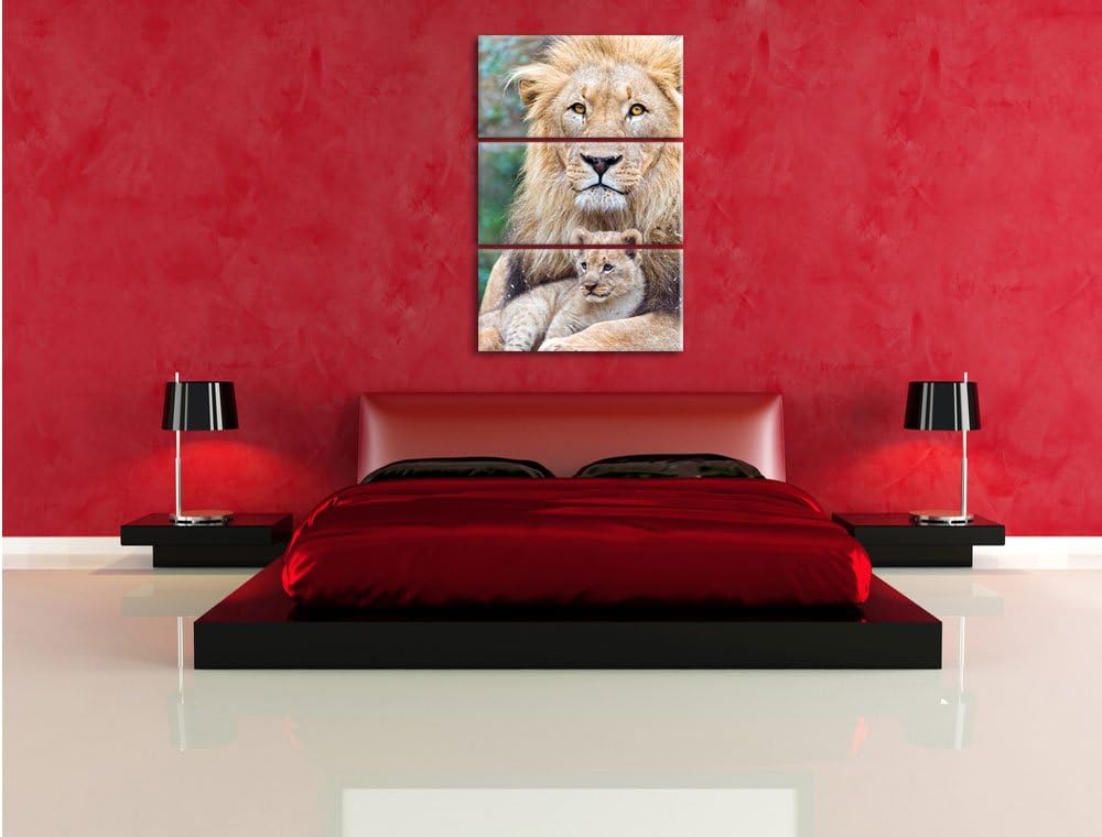Pixxprint Löwe kuschelt mit Jungtier als Leinwandbild/Grösse: 3 Teilig (120x80) cm/Wandbild/Kunstdru