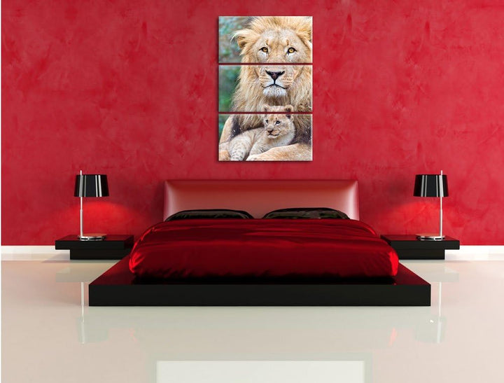 Pixxprint Löwe kuschelt mit Jungtier als Leinwandbild/Grösse: 3 Teilig (120x80) cm/Wandbild/Kunstdru