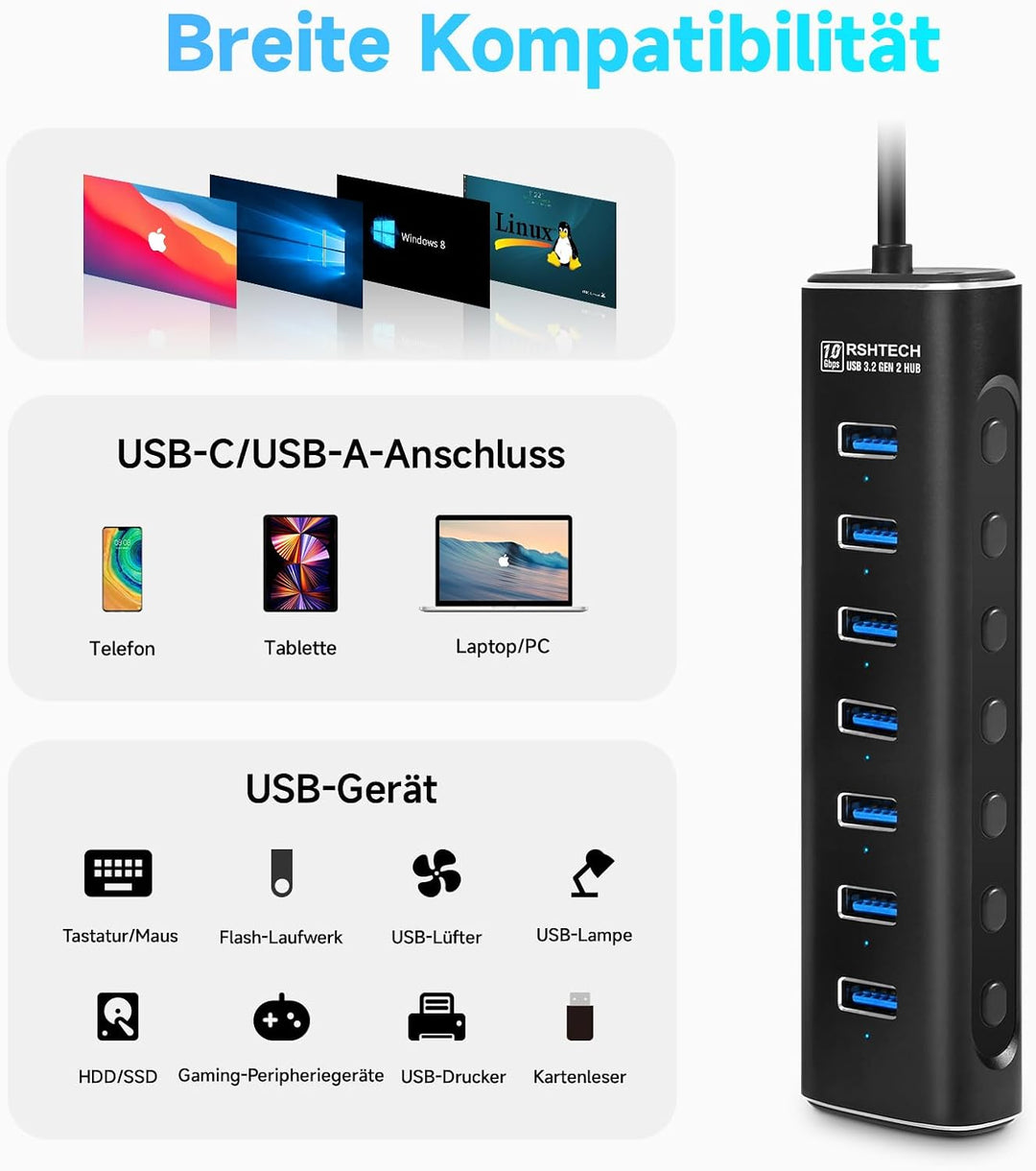 USB 3.2 Hub Aktiv mit Netzteil, RSHTECH Aluminium USB Hub 3.1 Gen2 mit 7*USB 3.2-Datenport (10Gbps),