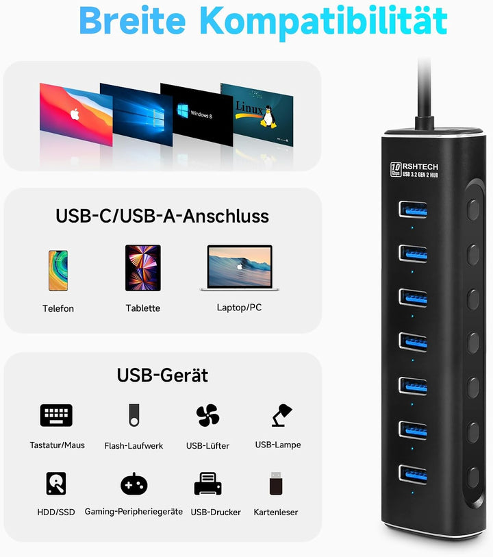 USB 3.2 Hub Aktiv mit Netzteil, RSHTECH Aluminium USB Hub 3.1 Gen2 mit 7*USB 3.2-Datenport (10Gbps),