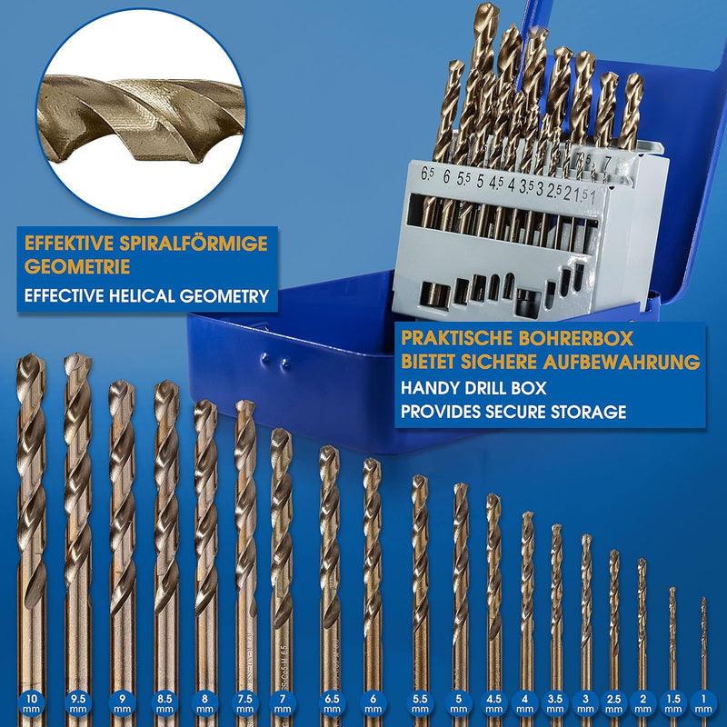 S&R Metallbohrer Set 1,0-10 mm, 19 Stk, Industrie-Qualität, extra hohe Standzeit, HSS COBALT Kobaltl