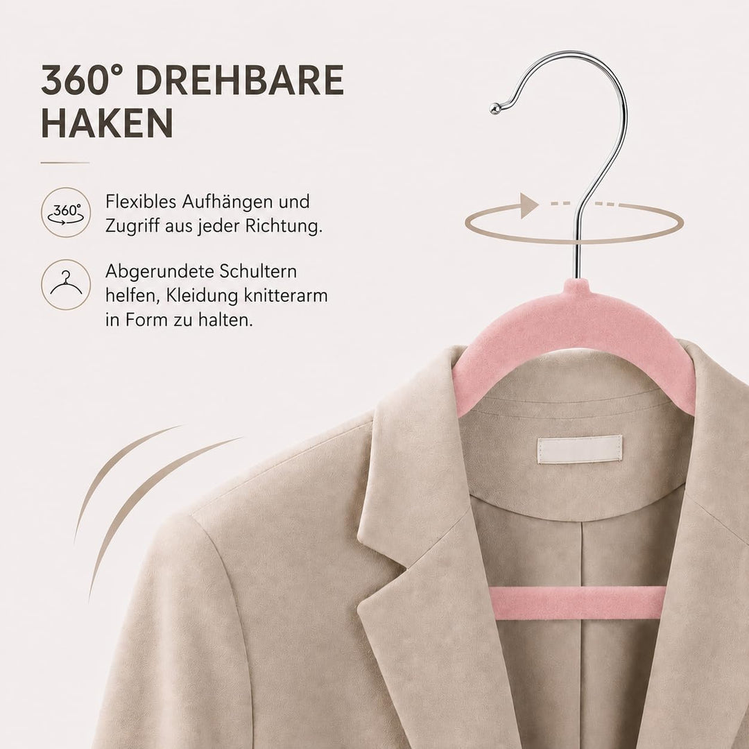 HOUSE DAY Kleiderbügel Samt 40 Stück Rosa | Kleiderbügel Platzsparend Filz Bügel, 360° Drehbarer Hak
