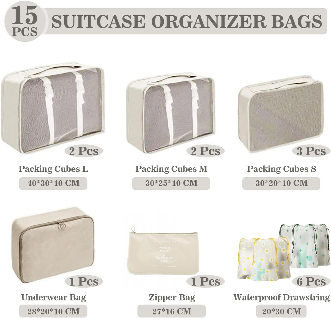 Koffer Organizer Set, 15 Stück Packing Cubes, Wasserdichte Kleidertaschen für Urlaub und Reisen, Tra
