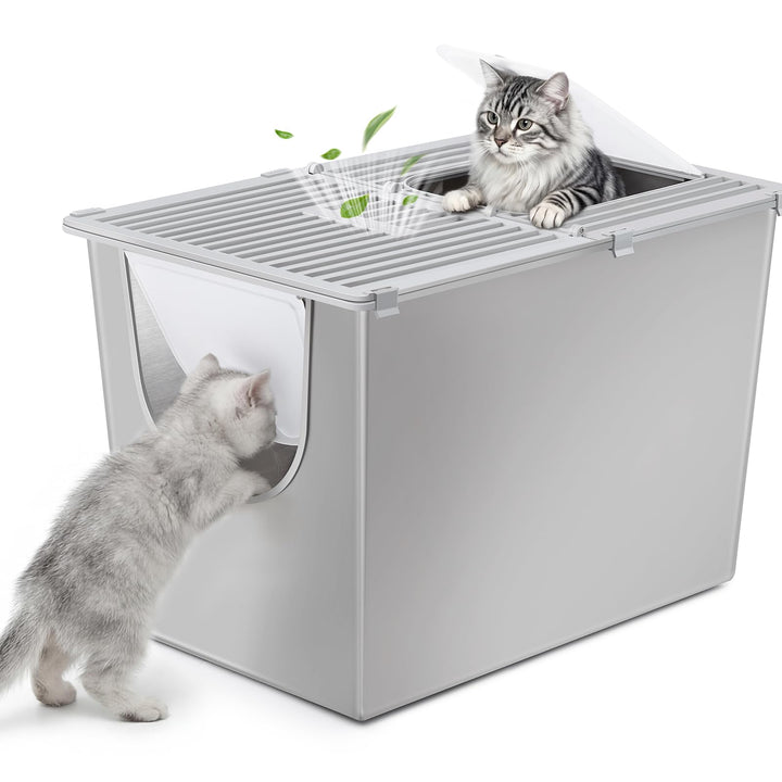 Yangbaga Katzenklo Edelstahl mit Deckel,XXL Geschlossene Katzentoilette mit Hohem Rand,Katzenklo Met