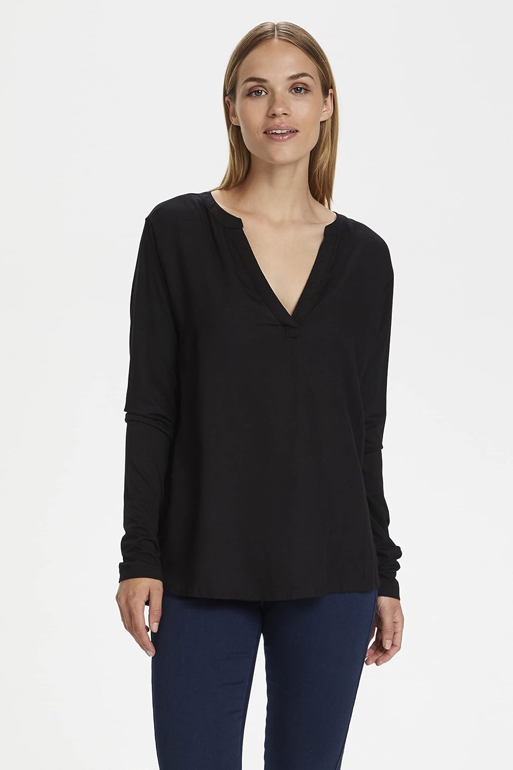 KAFFE Langarm-Bluse Kacalina Damen Bluse Langarm Casual Basic Shirt V-Ausschnitt 34 Black Deep, 34 B