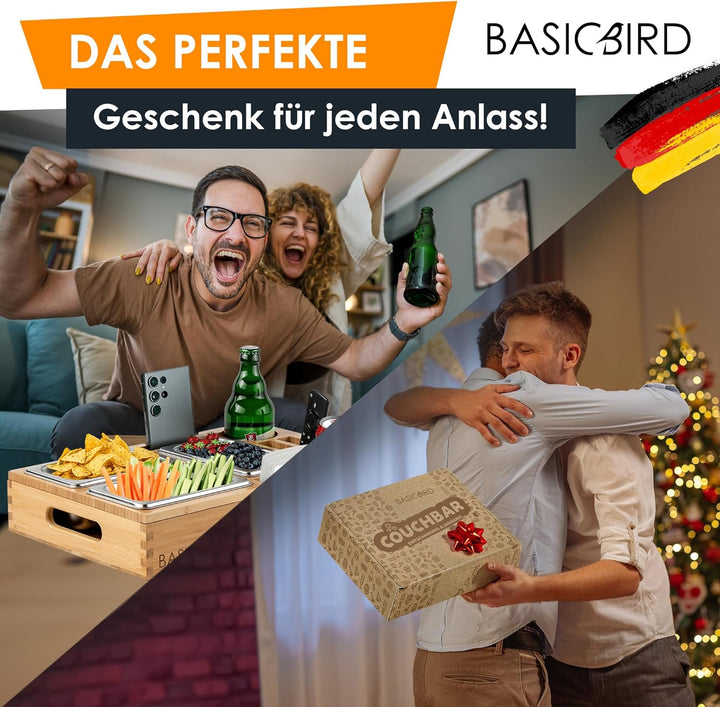 BASICBIRD® Couchbar Snackbox - Organizer Tablett- Snackspender mit 3X Snackschale - Holz Sofatablett