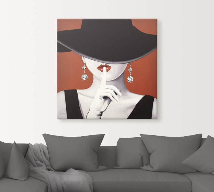 ARTland Leinwandbilder Wandbild Bild auf Leinwand 70x70 cm Wanddeko Frau Hut Stil Lippenstift Beauty