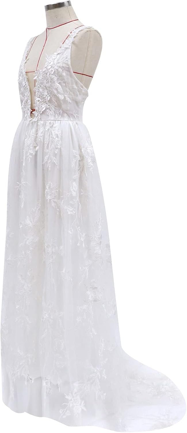 Trauung Kleid Standesamtliche Brautkleid Damen Lang Schlichte Brautmode Tüll V-Ausschnitt Damen Brau