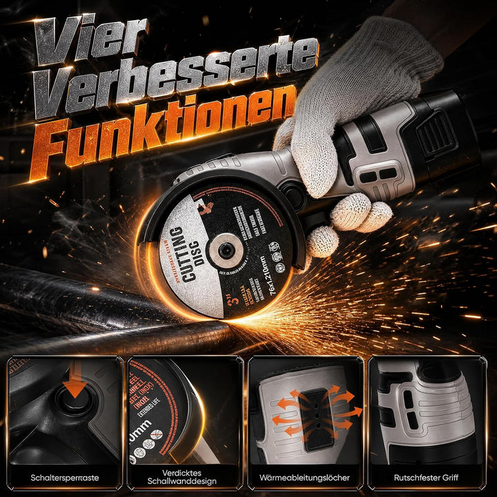 Mini Winkelschleifer Akku, 28500 U/min Bürstenloser Motor, 3 Zoll/76mm Akkuflex mit 2x 2000mAh Akkus