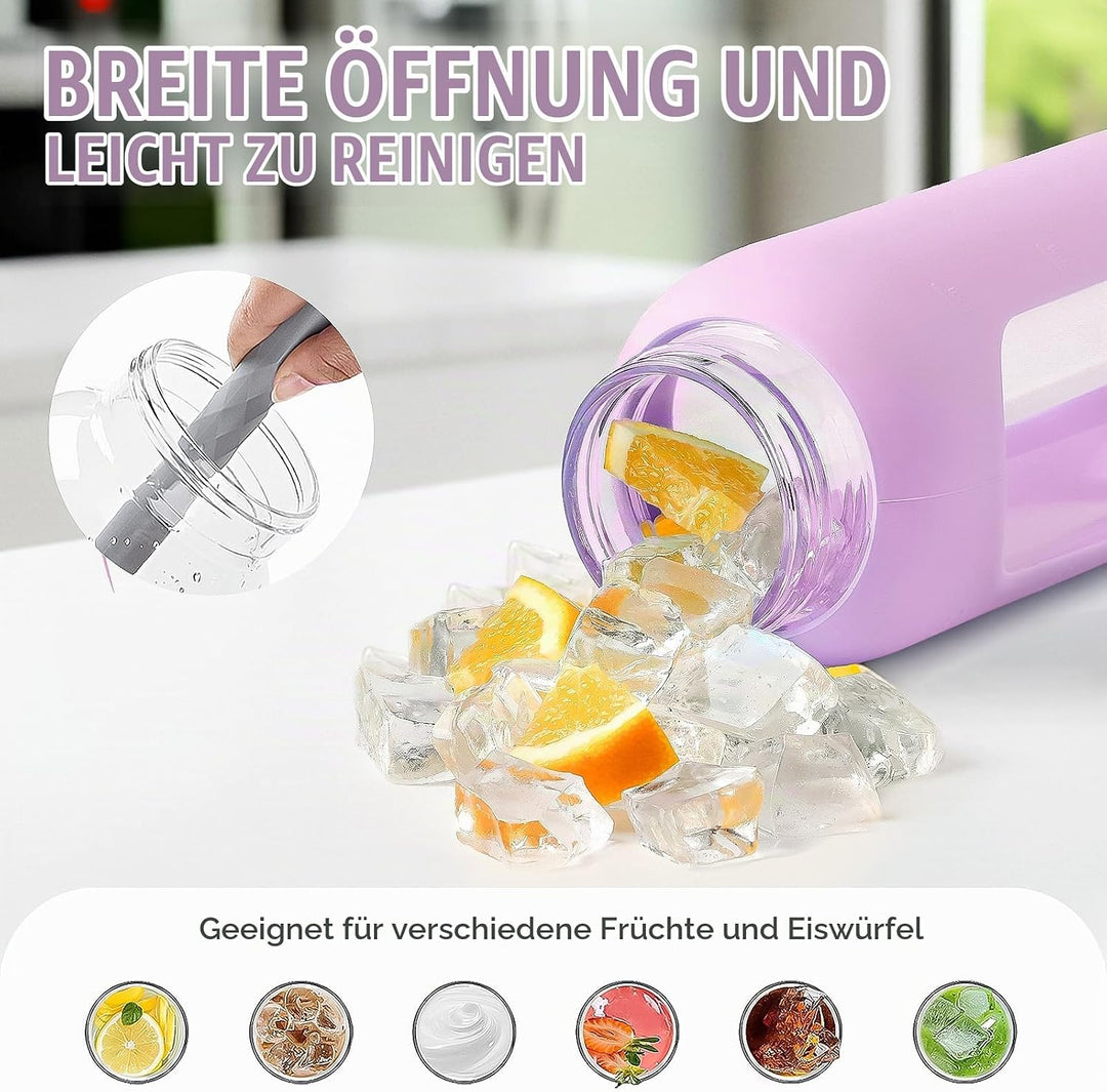 BLUEGO 600ml Glas Wasserflasche mit 2 Deckeln- One-Touch Verschlussdeckel und Griffdeckel Wiederverw