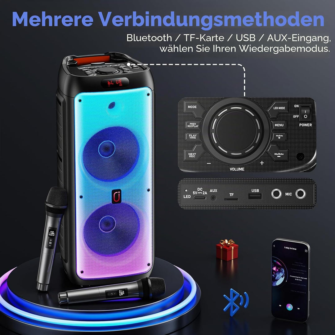 JYX Karaoke Maschine mit 2 Mikrofonen, LED Licht – Bluetooth 5.3, TF/USB/AUX/TWS/LIVE, Karaoke Box &