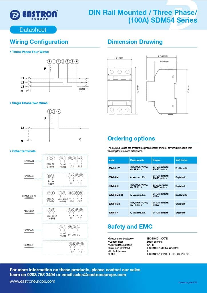 Eastron SDM54-M MID-zertifiziertes dreiphasiges 100-A-Direktanschluss-DIN-Schienen-RS485-Modbus-MID-