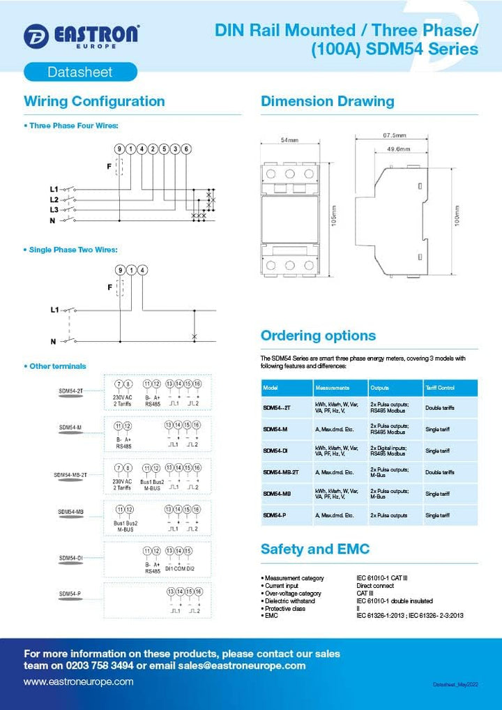Eastron SDM54-M MID-zertifiziertes dreiphasiges 100-A-Direktanschluss-DIN-Schienen-RS485-Modbus-MID-