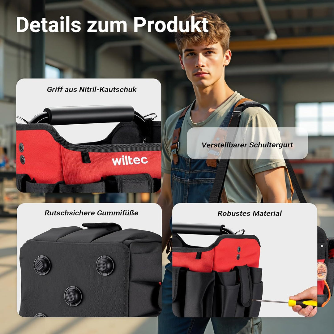 Wiltec faltbare Werkzeugtasche 25 x 23 x 28 cm bis 25 kg, Werkzeug Tasche 23 Fächer, Arbeitstasche m