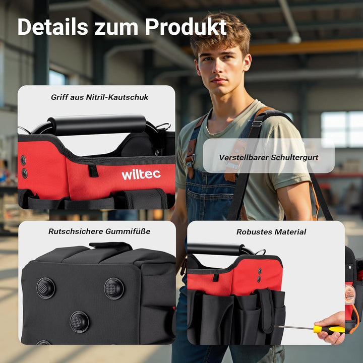 Wiltec faltbare Werkzeugtasche 25 x 23 x 28 cm bis 25 kg, Werkzeug Tasche 23 Fächer, Arbeitstasche m