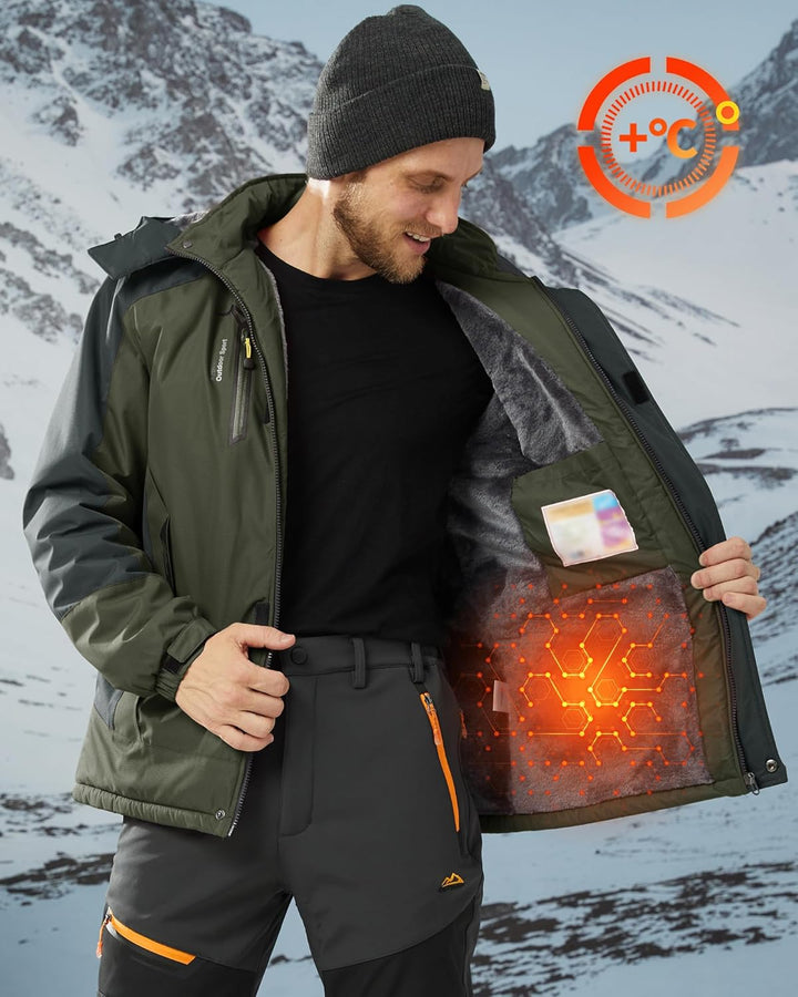 KEFITEVD Winterjacke Herren Skijacke Wasserdicht Warm Gefüttert Outdoorjacke mit Abnehmbarer Kapuze