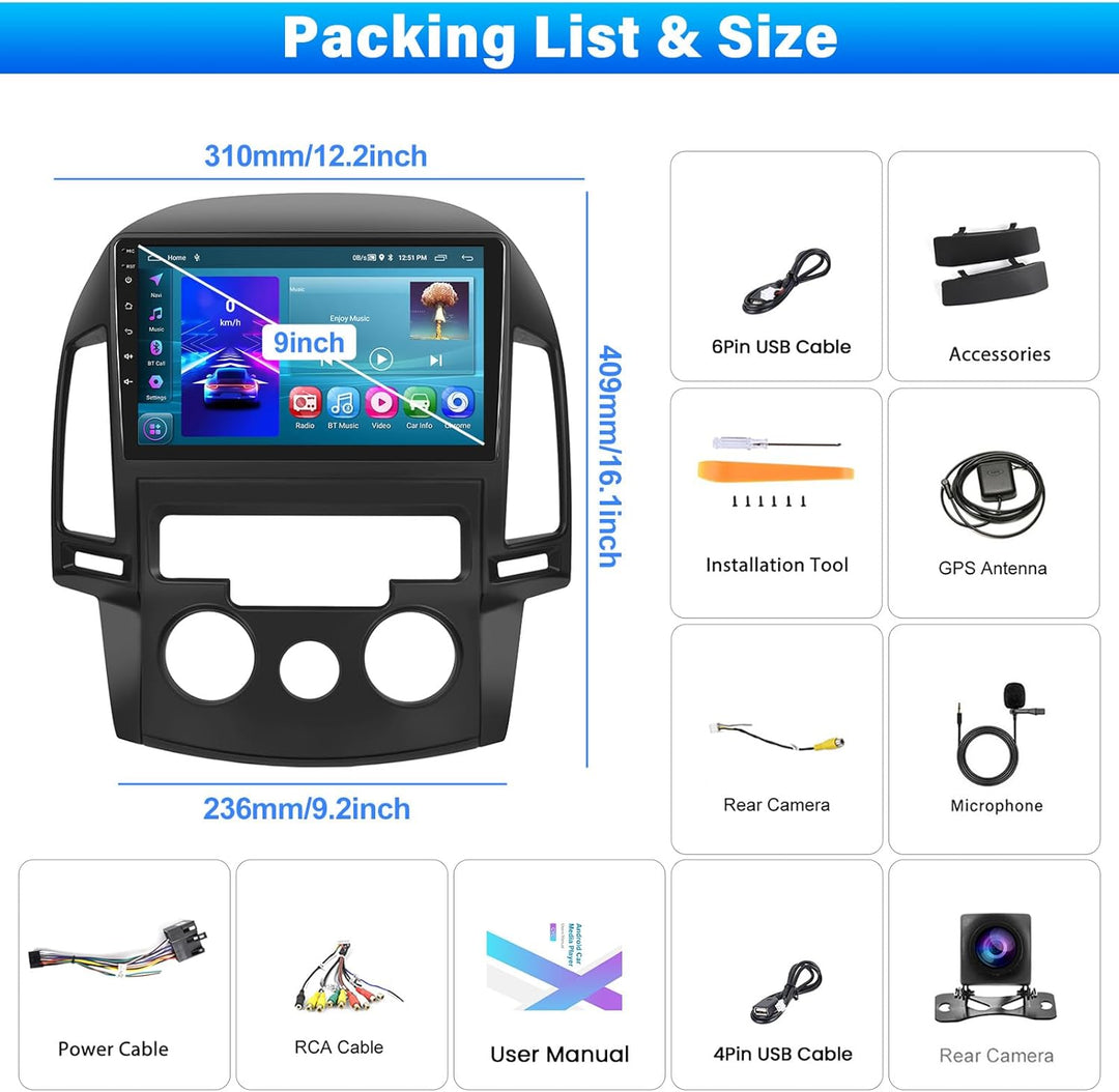 2G+64G CAMECHO Android Autoradio für Hyundai I30 2006-2011 mit Wireless Carplay Android Auto, 9 Zoll