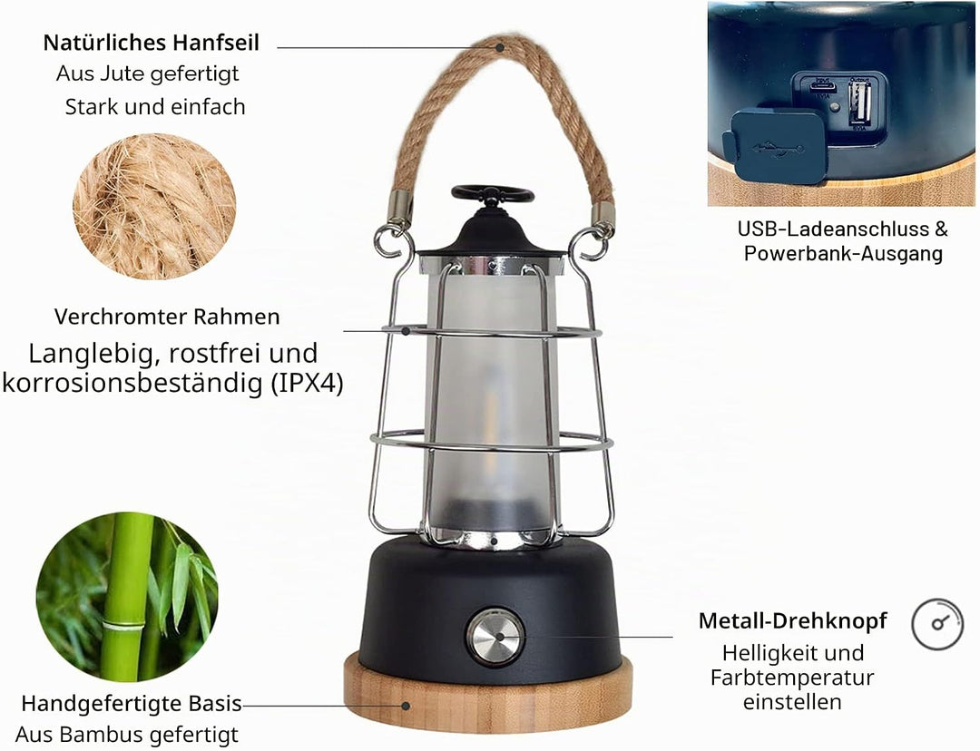 HARPER LIVING Wiederaufladbare LED-Laterne im Retro-Stil, 6 W, 370 Lumen, 5000 mAh, dimmbar, Farbwec