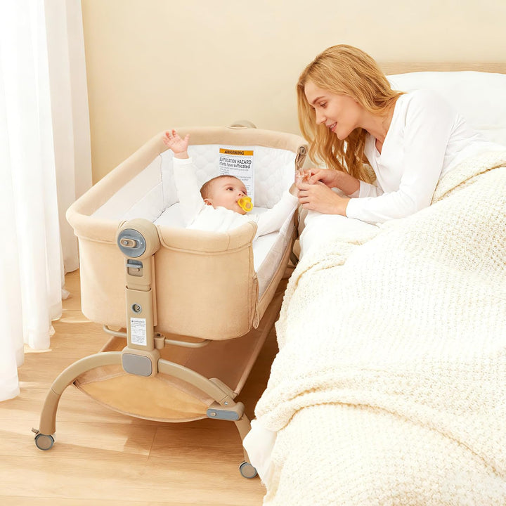 GarveeTech Beistellbett Baby höhenverstellbar mit Matratze, Mesh-Seiten, Wiegefunktion, Rollen mit B