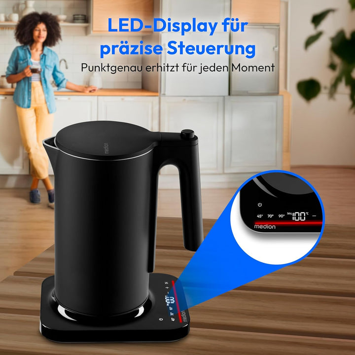 MEDION LIFE Digitaler Wasserkocher MD12106, 2.200 Watt Leistung, 1,5 Liter Kapazität, LED-Display, L