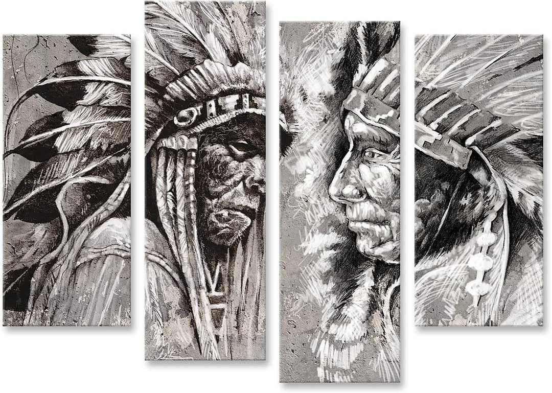 islandburner Bild auf Leinwand Native American Indian Köpfe Retro Stil Schwarz-Weiss Bilder Wandbild