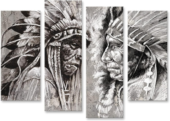islandburner Bild auf Leinwand Native American Indian Köpfe Retro Stil Schwarz-Weiss Bilder Wandbild