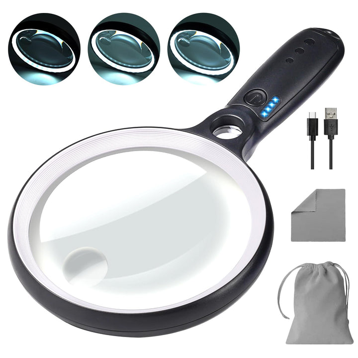 Lupe mit Licht USB Aufladbar, 10X 20X 45X Vergrösserungsglas, 37 LED Beleuchtete Handlupe mit 3 Lich
