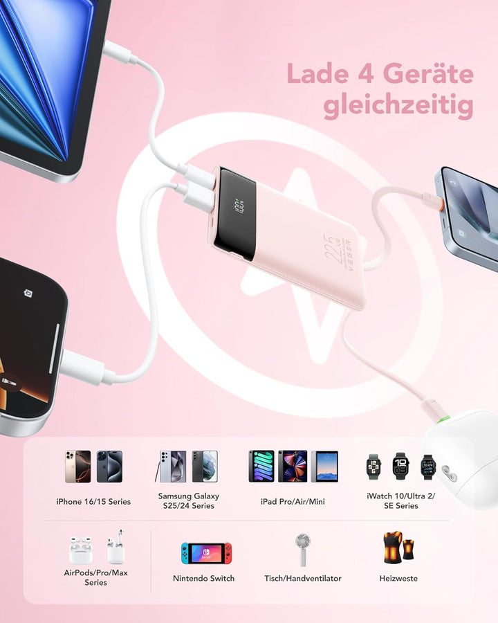 VEGER Power Bank 10000mAh Klein, 22.5W Schnellladung PowerBank mit Integriertem USB-C Kabel, Externe