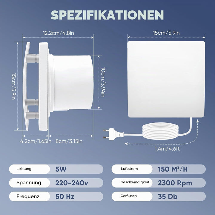 Badlüfter mit Nachlauf 100mm, Leiser und Leistungsstarker Abluftventilator mit 2 Richtungen Ventilat