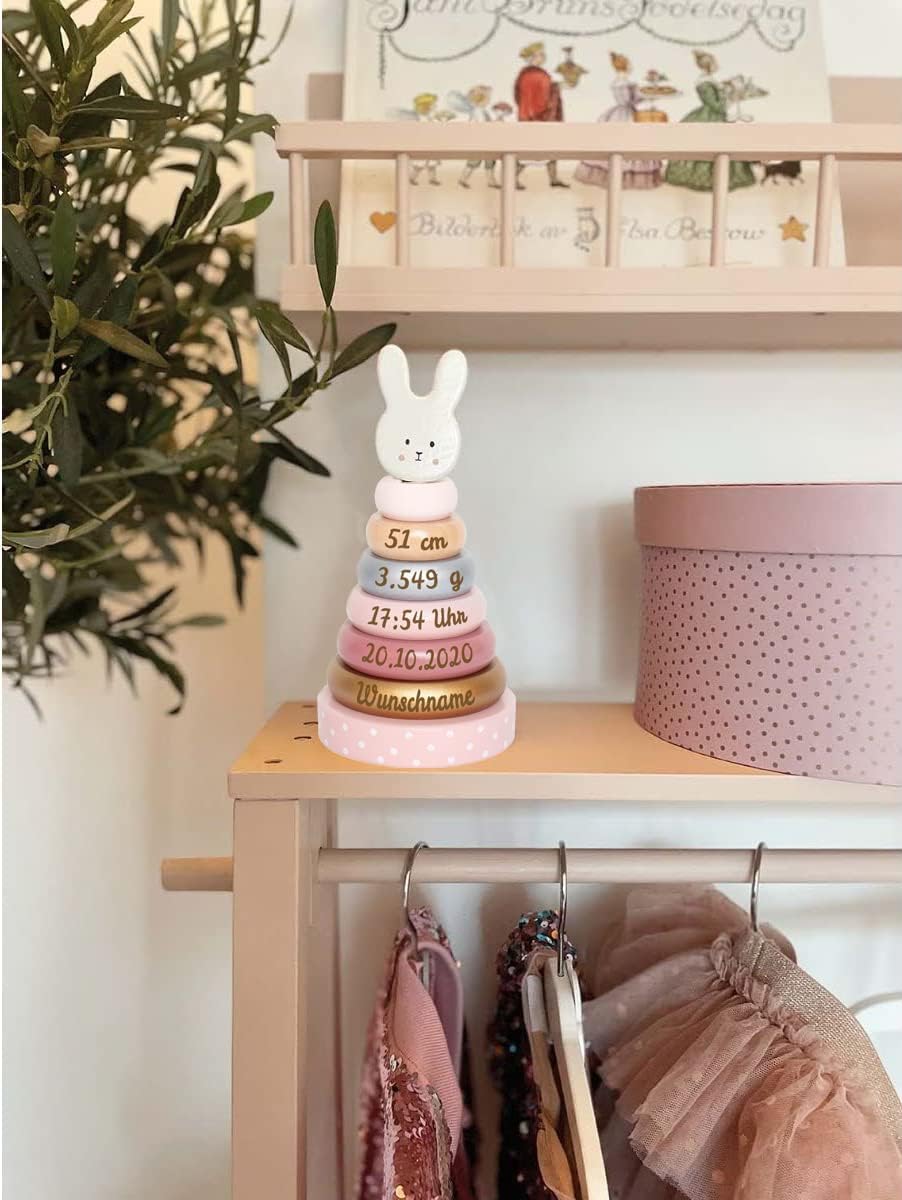 Elefantasie Stapelturm aus Holz Hase personalisierbar mit Name und Geburtsdaten Baby Geschenk mit Gr