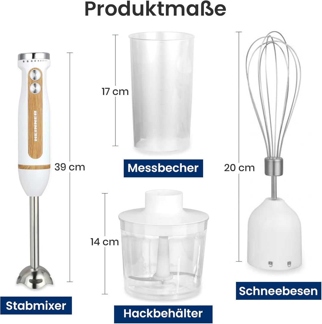 HB-DC600WH 6-in-1 Elektrischer Stabmixer, 600W Pürierstab mit Zerkleinerer, 700ml Mixbecher & 500ml