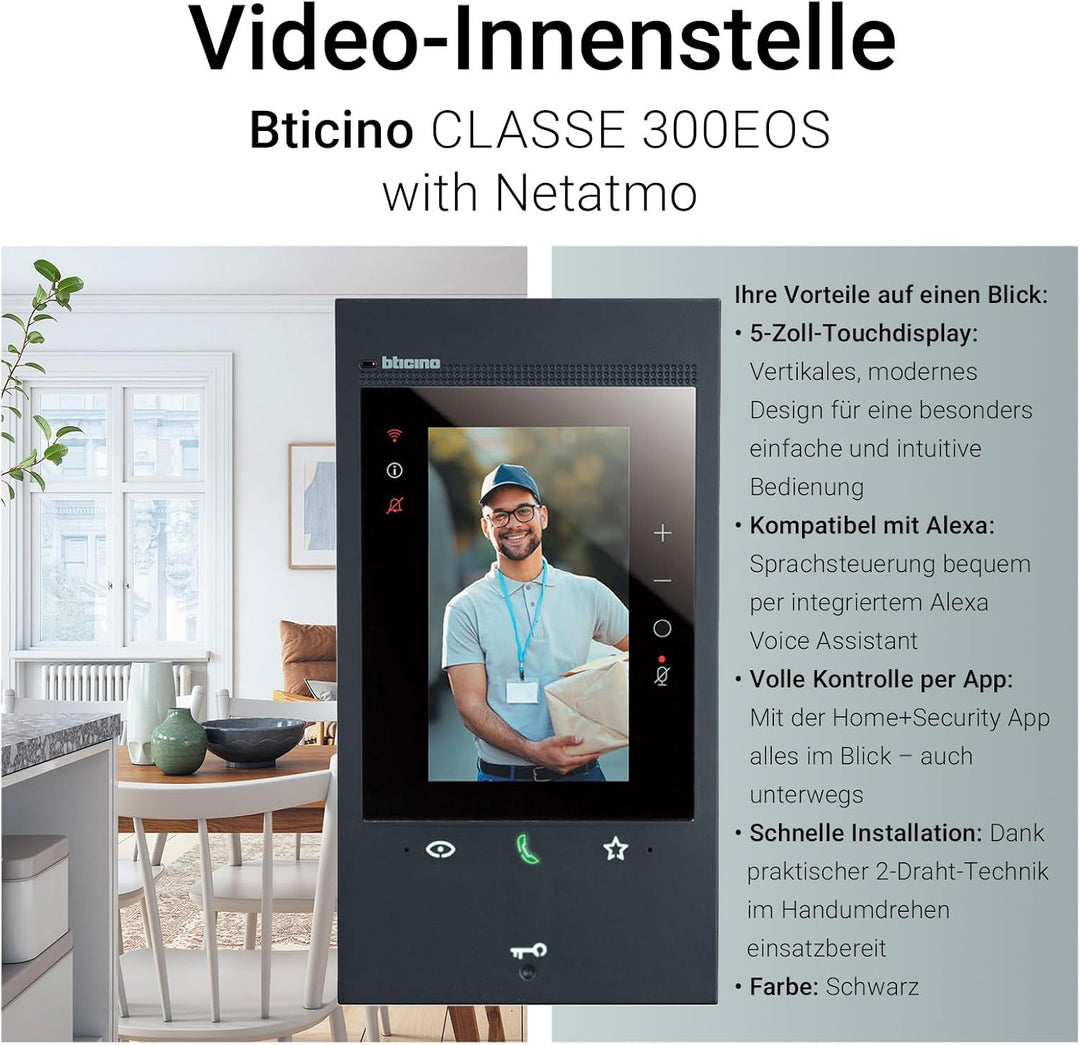 BTICINO, Classe 300EOS with Netatmo in Schwarz, erste smarte Wi-Fi-Video-Innenstelle mit integr. Ale