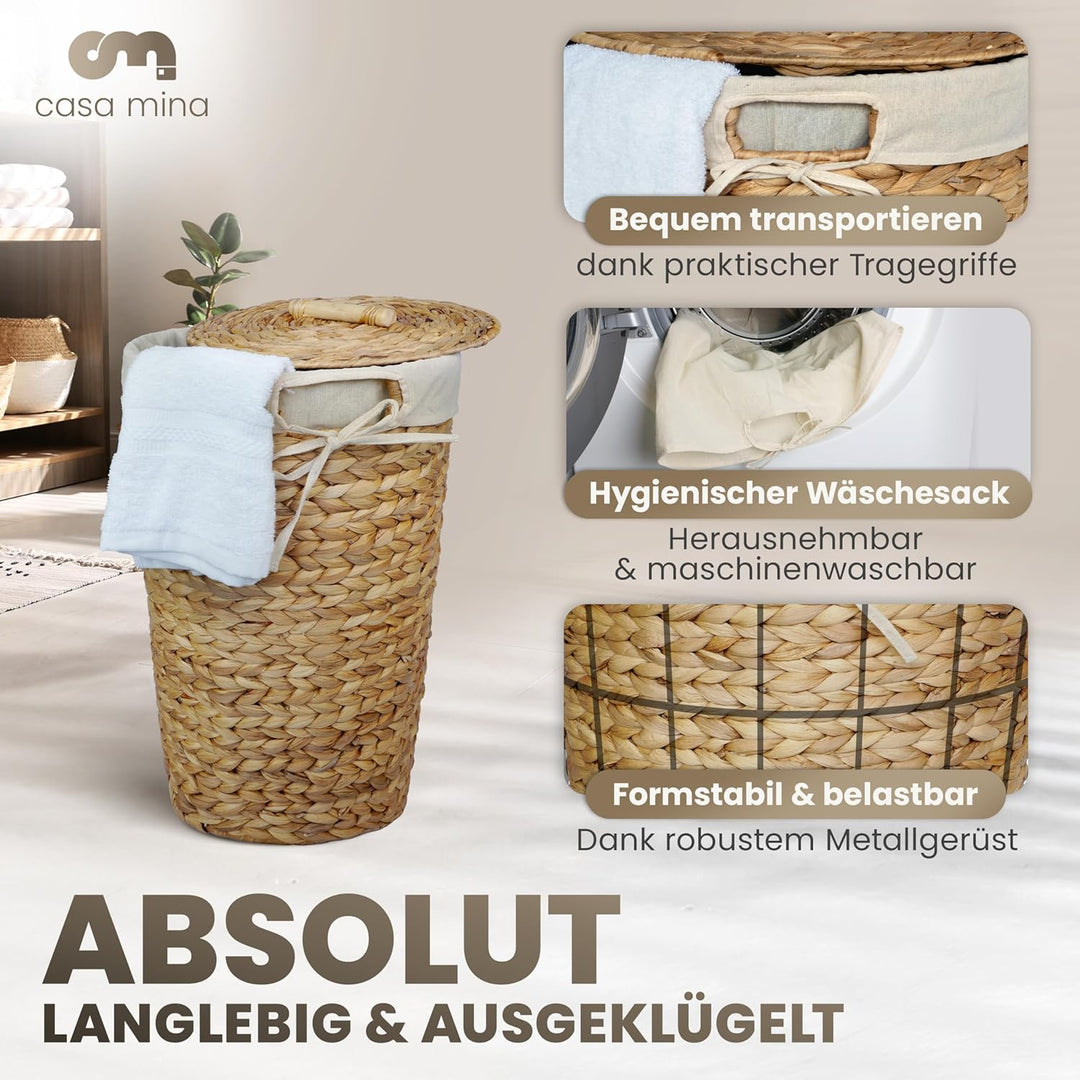 Casa Mina® Wäschekorb mit Deckel D35 x H55cm hoch I Atmungsaktiver Wäschekorb geflochten aus 100% Na