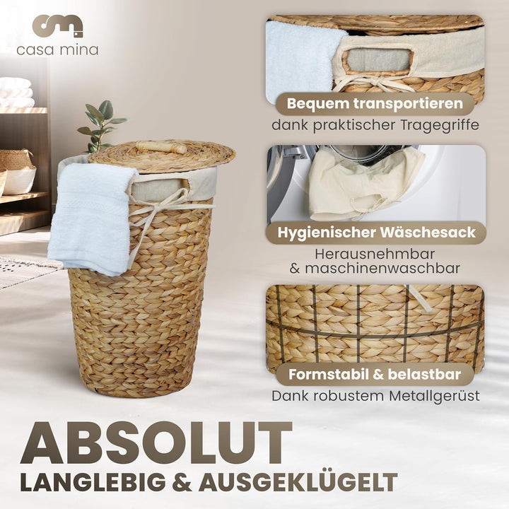 Casa Mina® Wäschekorb mit Deckel D35 x H55cm hoch I Atmungsaktiver Wäschekorb geflochten aus 100% Na