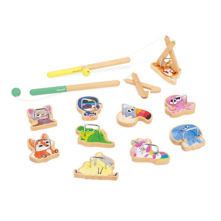 Janod - Angelspiel Applepop - Geschicklichkeitsspiel für Kinder - 2 Greifer + 10 Tiere + 1 Beutel -