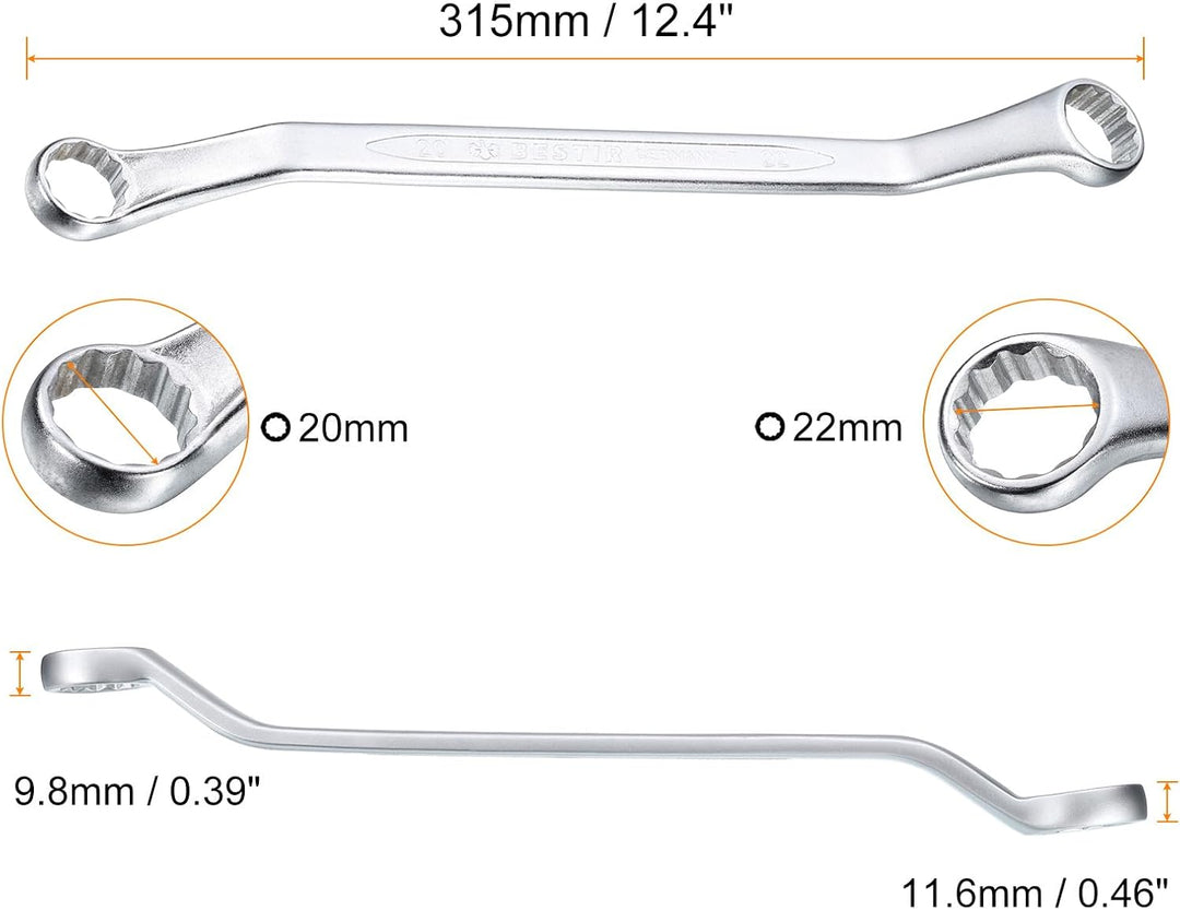 QUARKZMAN 45 Grad Offset Doppel-Ringschlüssel 20 mm x 22 mm, 12-Punkt-Metrischer CR-V-Doppelringschl