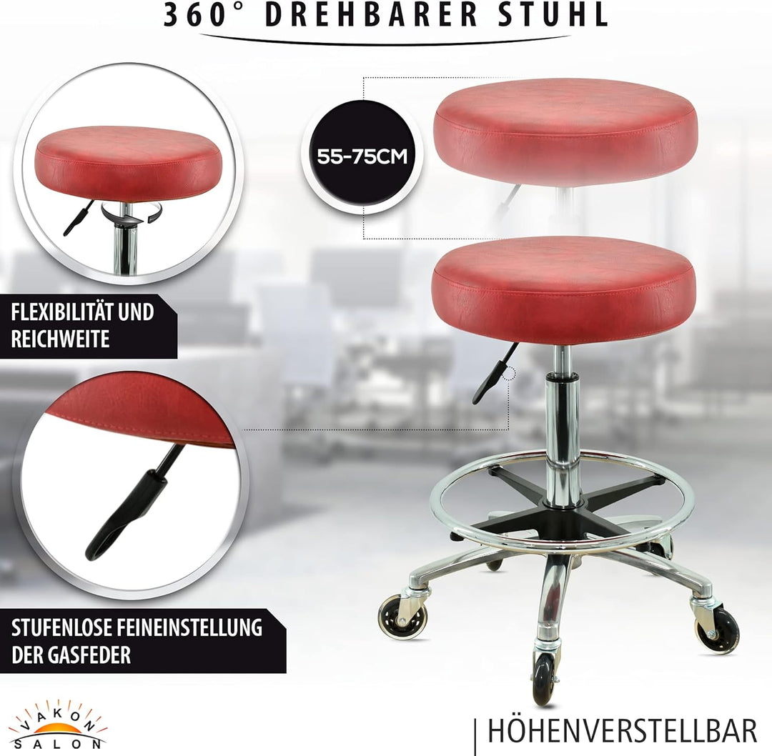 Premium Rollhocker Rot mit Fussring - Höhenverstellbar von 55-75 cm - Rundsitz Drehhocker Arbeitshoc