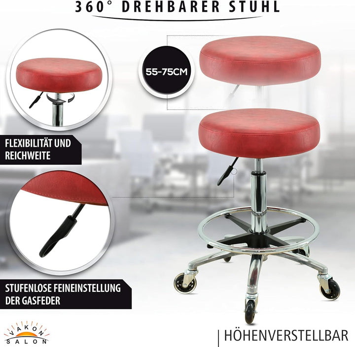 Premium Rollhocker Rot mit Fussring - Höhenverstellbar von 55-75 cm - Rundsitz Drehhocker Arbeitshoc