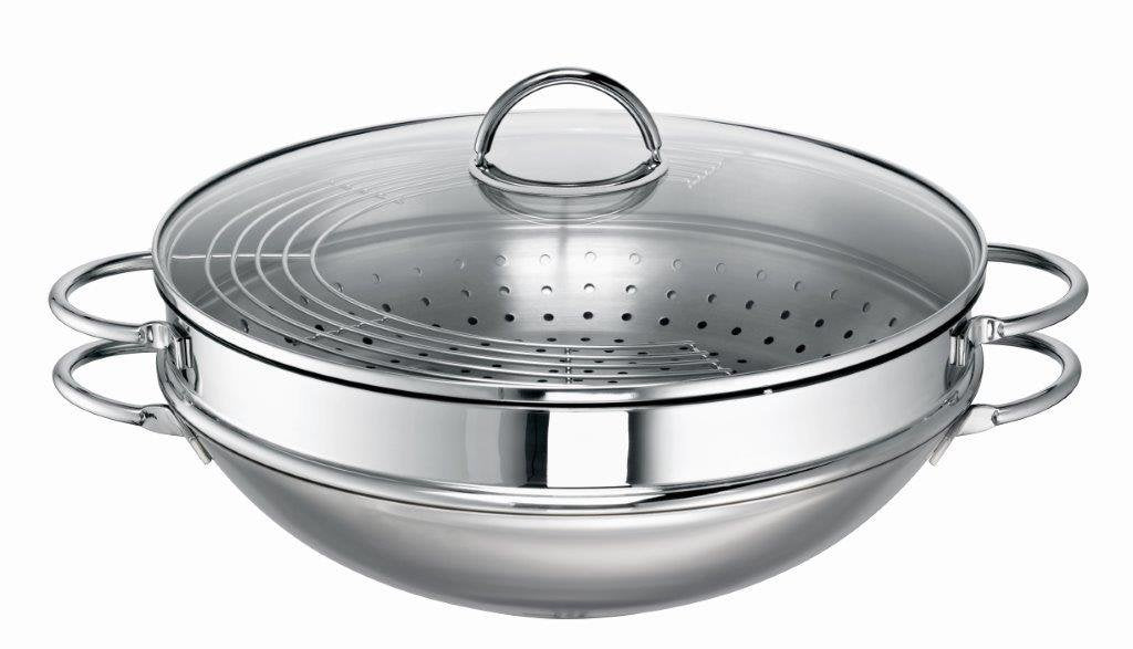 ROHE Germany Wok-Set Ravenna 5 TLG, Edelstahl, 34 cm, inklusive Dämpfaufsatz, 34 cm