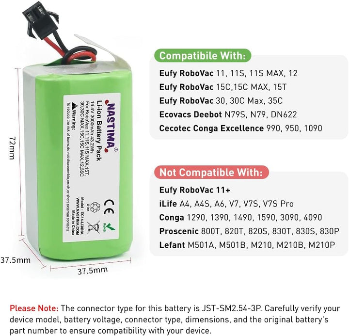 NASTIMA 14.4V 3000mAh Lithium-Ionen-Ersatzakku Kompatibel mit Eufy RoboVac 11 11S 11S MAX 12 15C 15T