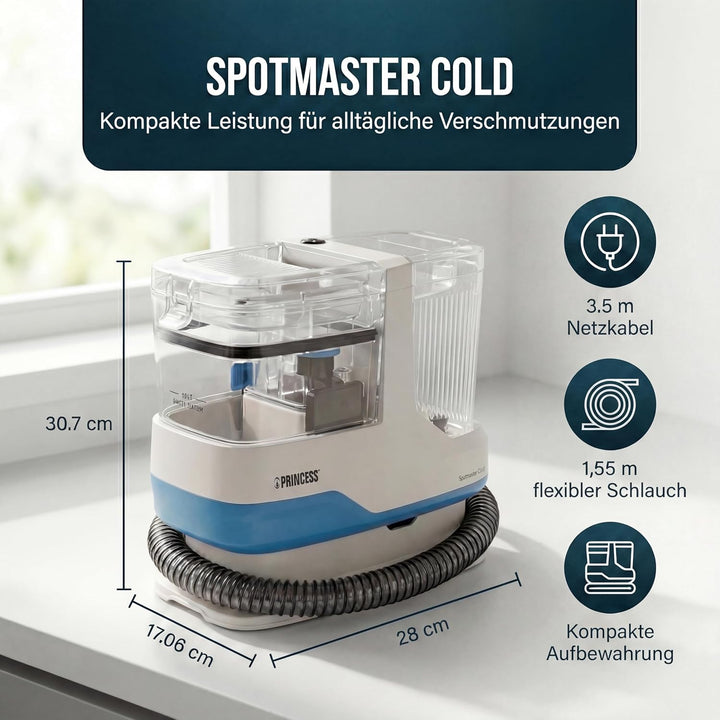 Princess Spot Master Cold Fleckenreiniger, 600 W Leistung, 1100 ml Frischwassertank, Kompakt und Lei