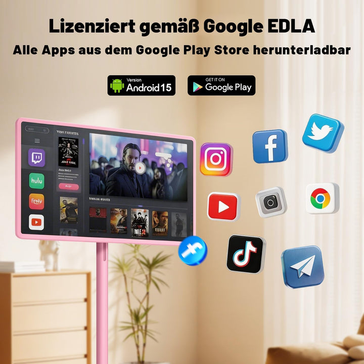VLH 32 Zoll Portable TV, Mobiler Tragbarer Fernseher auf Rollen, Android 15, EDLA-Zertifiziert, 8G+1