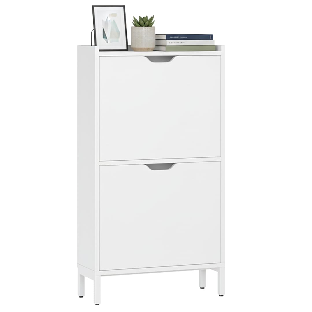 Bellamio Ceyhan Schuhschrank mit 2 Klappen – Schuhkipper weiss aus Holz – Schuhregal schmal 50x19x90