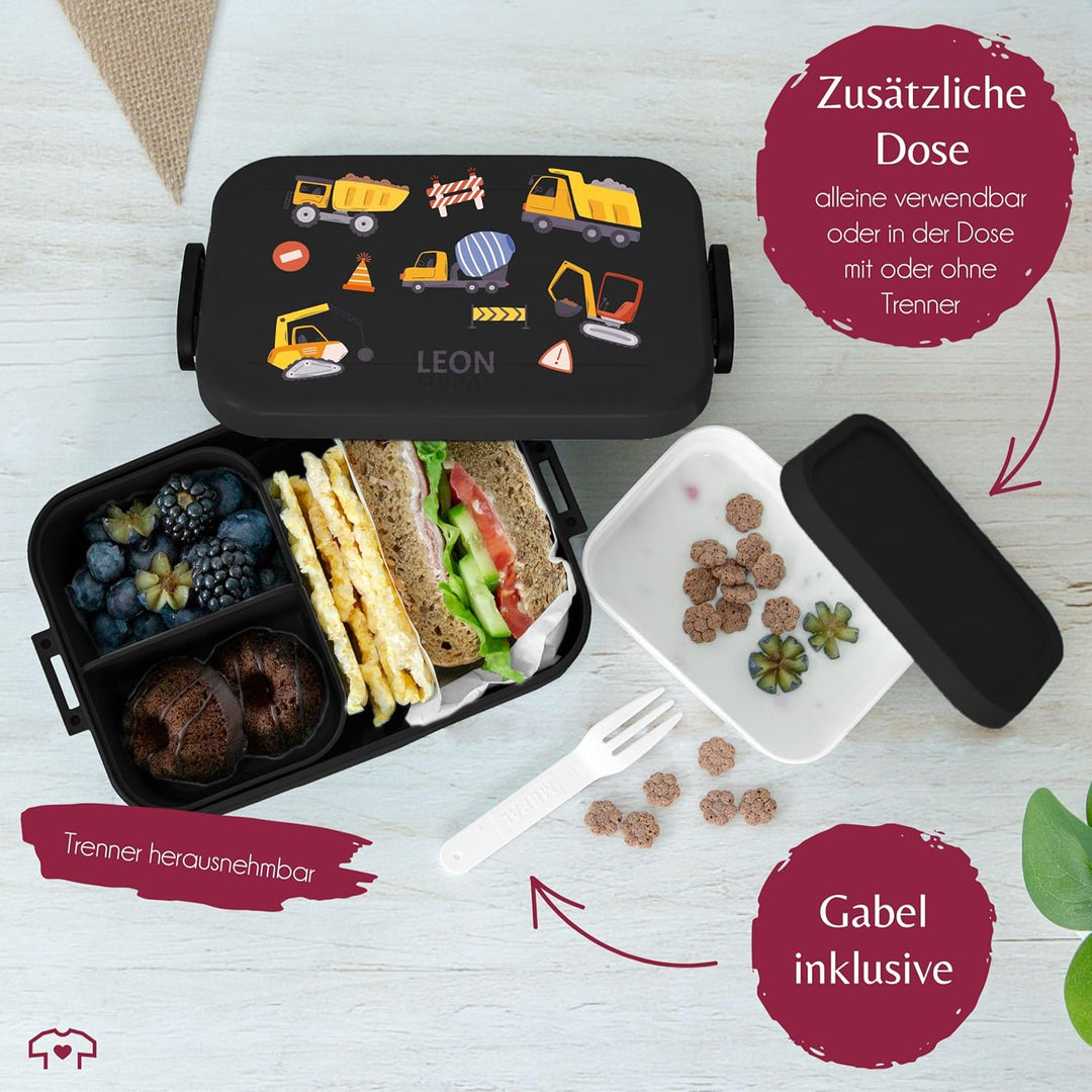 Kinder Bento Box Midi für Mepal Bentobox - Brotbox Bagger mit Name Lunchbox Baustelle Jausenbox Baus